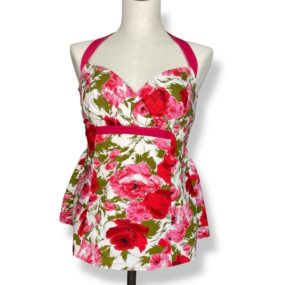 Floral Halter Top Retro Shirred Smocked‎ Pin-Up Valentine's Day Feminine Size 12